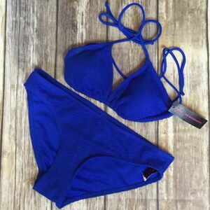 Small Swim Fish Net Royal Blue Fire String Bikini 2 Piece Padded Top